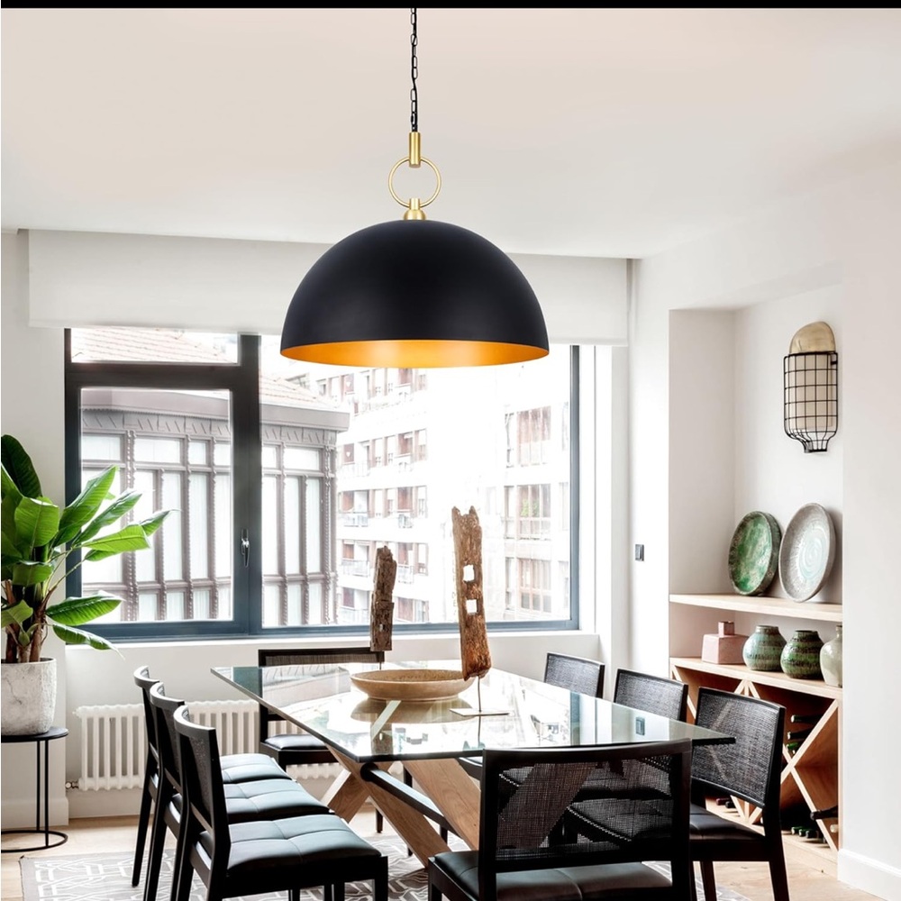NEW Modern Black Dome Pendant Light – Gold Interior, 23.6” Wide